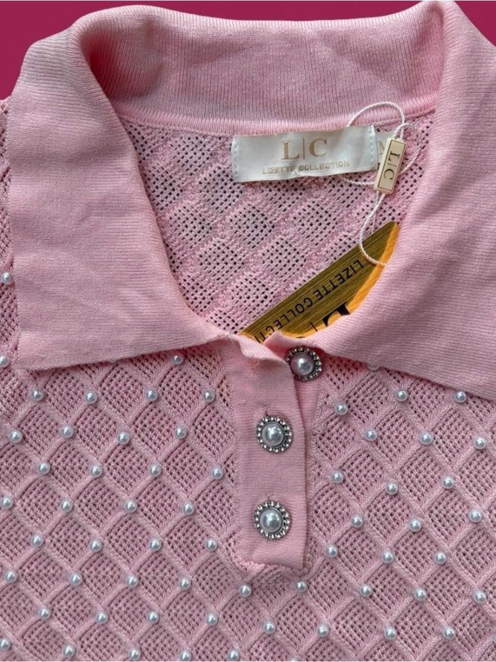 Pink Pearl-Embellished Knit Sweater